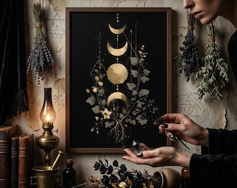Triple Goddess Moon Poster, Maiden Mother Crone Wall Art, Wiccan Wicca Magic Gift, Hecate Moon Phases Print, Celestial Dark Academia Decor