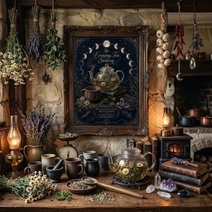 May include: A framed wall art print titled The Evening Tea Sorcery featuring a glass teapot, moon phases, and crystals. Below, a wooden table holds a glass teapot with herbs, a wooden spoon, ceramic mugs, a mortar and pestle, and crystals.
