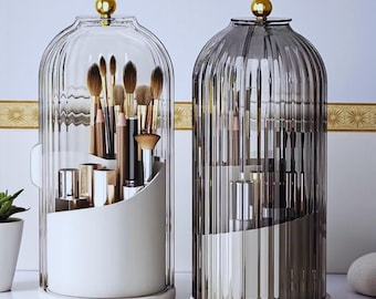 Luxury Rotating Makeup Brush Organizer | Dustproof Vanity Storage Box with Dome Cover