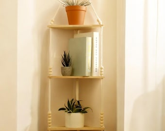Macrame Hanging Corner Shelf: Wooden Triangle Boho Plant Decor