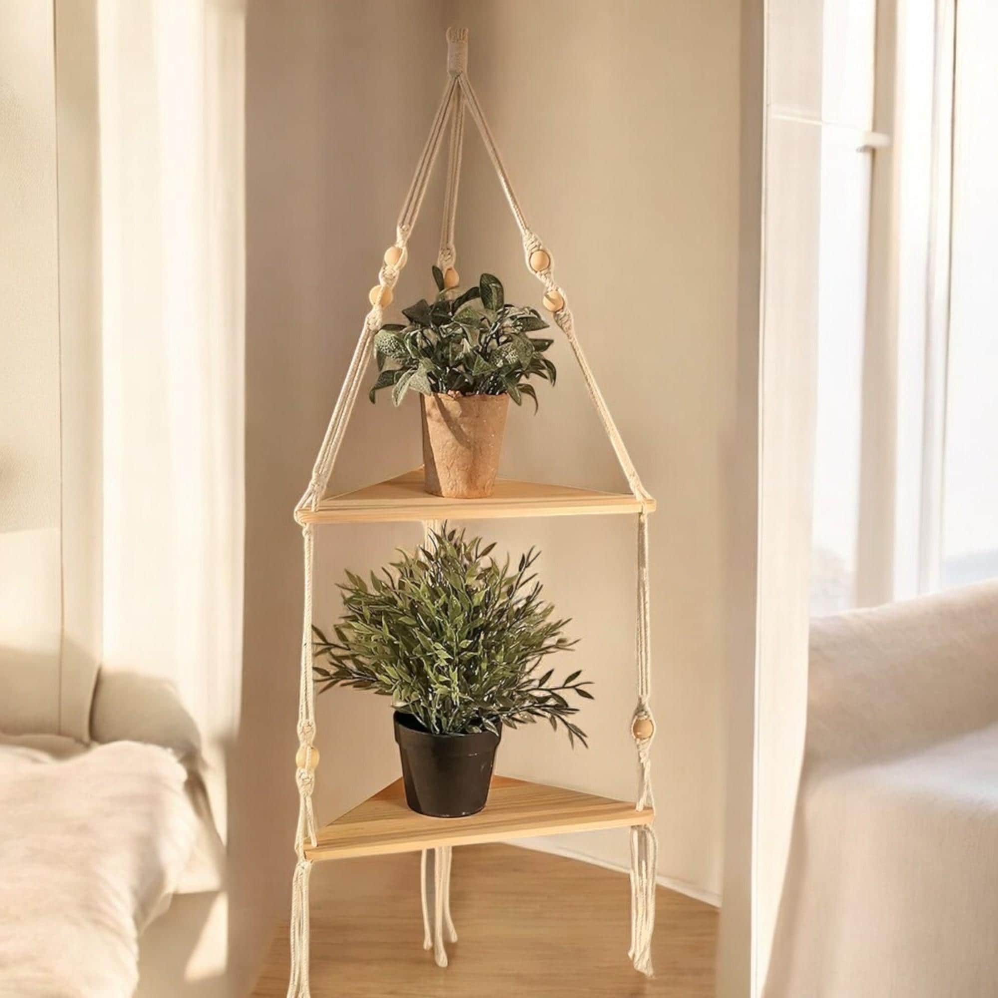 Macrame Hanging Corner Shelf: Wooden Triangle Boho Plant Decor - Etsy