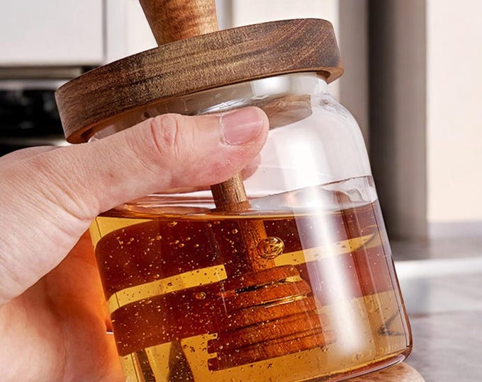 Glass Honey Jar with Wooden Lid and Dipper: Rustic Kitchen Storage