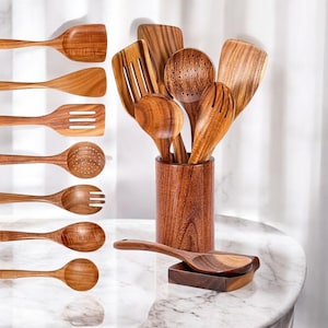 Juego de utensilios de cocina de madera de teca tailandesa: 7 piezas