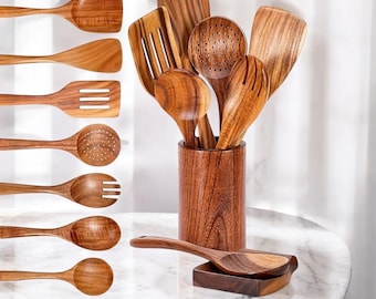 Thai Teak Wood Utensil Set: 7-Piece Kitchen Cooking Tools