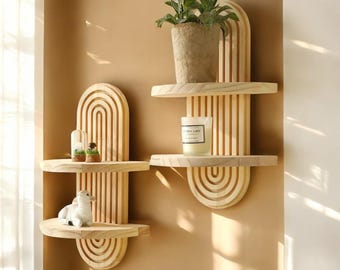 Boho Geometric Wood Wall Shelf: Natural Pine Floating Display