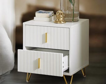 Modern 2 Drawer Bedside Table with Gold Legs Elegant Bedroom Living Room Cabinet