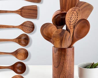 Rustic Wooden Cooking Utensil Set – Handmade Kitchen Tools with Holder – Eco-Friendly Spoons & Spatulas