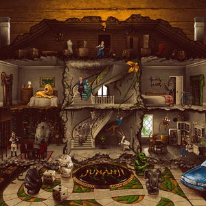 Puede incluir: Un juego de mesa Jumanji que presenta una estructura de casa de muñecas con varias habitaciones, una escalera central, varias figuras en miniatura, un león, un coche de policía azul y dos dados blancos. El tablero circular muestra el texto Jumanji en oro.