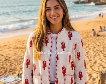 White Lobster Jacket Handmade Patchwork Cotton Quilted Jacket: Reversible Boho Coat