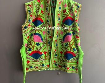 Green Velvet Vest Embroidered Floral Jacket – Handmade Artisan Design