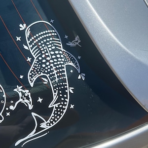May include: White vinyl decal of a whale shark with a dotted pattern and star accents. The decal is applied to a car window, with a silver car body visible on the right side.