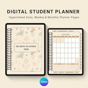 Digital Student Planner 2026, Hyperlinked Academic, College, Assignment Tracker (Editable Canva Template)