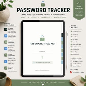 Könnte beinhalten: Ein digitaler Passwort-Tracker auf einem Tablet-Bildschirm mit Eingabestift. Die Benutzeroberfläche zeigt ein grünes Schloss-Symbol, den Text PASSWORD TRACKER sowie Bereiche für Logins, WLAN, Software, E-Mail, soziale Medien und Finanzen.