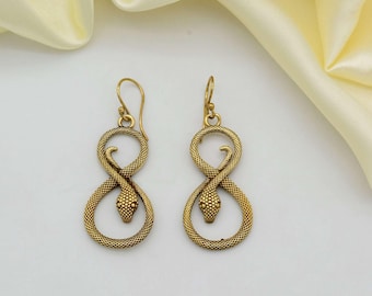 Brass Infinity Snake Earrings, Ouroboros Serpent Dangle, Boho Witchy Jewellery, Eternal Love Knot, Gothic Statement Gift for Her