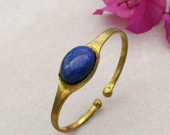 Lapis Lazuli Gemstone Brass Cuff Bracelet, Adjustable Boho Bangle, Healing Crystal Statement Jewellery, Tribal Gold