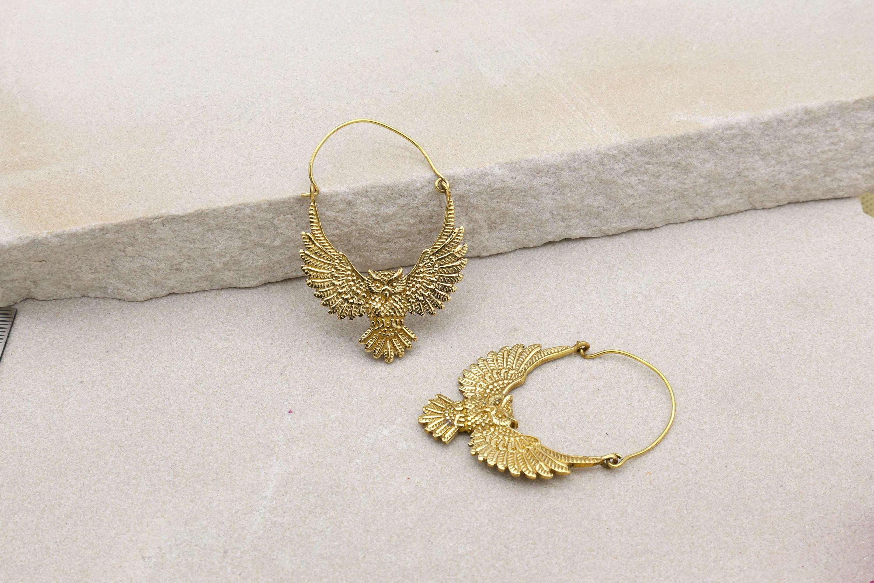 Striking Brass Flying Owl Hoop Earrings | Boho Wisdom Statement Jewellery | Bird Dangle | Bohemian G