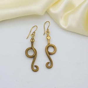 Può includere: Un paio di orecchini a forma di serpente color oro. Ogni orecchino presenta un design dettagliato a forma di serpente con un corpo a spirale e un gancio per orecchie forate. Gli orecchini sono esposti su sfondo bianco.