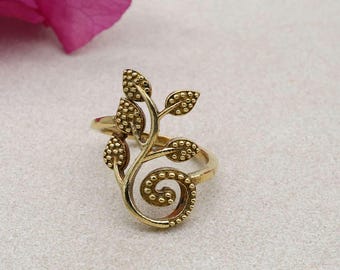Brass Leaf Ring | Adjustable Nature Inspired Jewellery | Boho Plant Vine Statement Ring