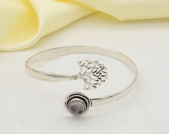 Tree of Life Cuff Bracelet, Rose Quartz Bangle, Silver Plated Adjustable Spiritual Jewellery, Bohemian Statement Gift