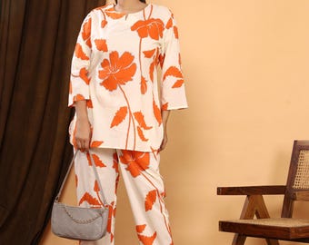 Baumwoll Co-ord Set: Damen Ethnic Leaf Print Loungewear, Koordinaten-Set, Kurta Hose, Orange Farbe