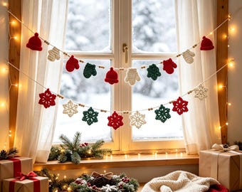 May include: Two horizontal garlands featuring crocheted ornaments in red, white, and dark green. The top garland displays miniature hats, mittens, and bells. The bottom garland features snowflake shapes. Both are strung with small wooden beads.
