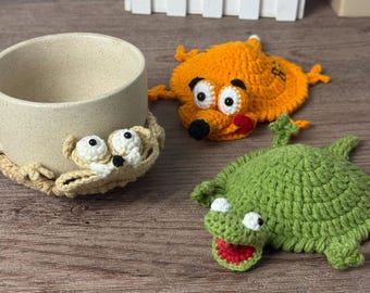 Porta-copos personalizado feito à mão em crochê com animais, tapete divertido para caneca, porta-copos fofo de crochê com tartaruga, sapo, pinguim e lagarto, enfeite para mesa ou casa.