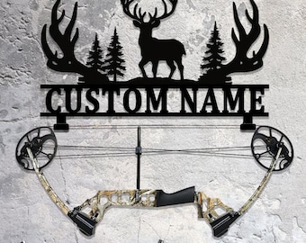 Personalized Deer Skull Archery Bow Hanger,Custom Name Hunting-Themed Metal Wall Hook,Bow Holder Wall Art,Cabin Wall Art,Hunter Metal Sign