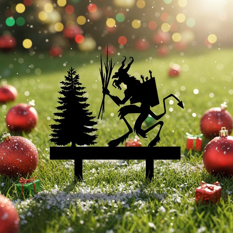 May include: Black metal Christmas decoration featuring a silhouette of Krampus, a fir tree, and a bench. The Krampus figure holds sticks and a sack, with a long tail. The scene is set on green grass with red ornaments and gifts.