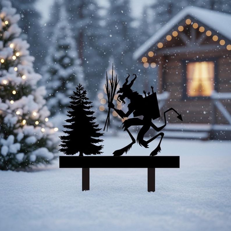 May include: Black metal yard art featuring a silhouette of a Krampus figure holding birch branches, a Christmas tree, and a horizontal bar supported by two legs. The background shows a snowy scene with a house and trees.