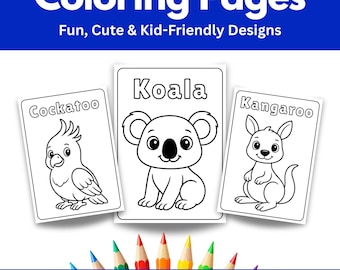Australian Animals Coloring Pages | Kids Printable Colouring Sheets | Koala, Kangaroo, Echidna, Dingo | A4 + US Letter | Instant Download