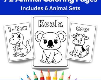 Può includere: Un set di 72 pagine da colorare di animali, con 6 serie di animali. L'immagine presenta illustrazioni di un T-Rex, un Koala e una Mucca. Il testo in alto recita "72 pagine da colorare di animali Include 6 serie di animali".