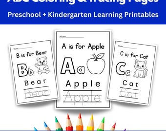 May include: Three printable ABC coloring and tracing pages for preschool and kindergarten learning. The pages feature the letters B for Bear, A for Apple, and C for Cat. Each page includes a large letter, a picture, and the word to trace. Colored pencils are at the bottom.