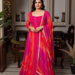 Bandhani Anarkali Gown Set with Sequin Dupatta | Pink & Red Georgette Indian Dress