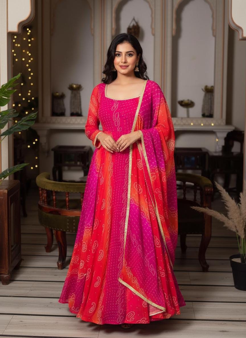 strapless open back dress Rangoli Silk Mehndi Color Decent Gown With Pink Dupatta – RangVastra.com main image 1