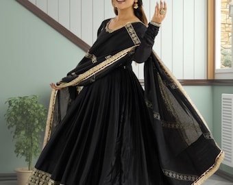 Chinon Silk Embroidered Gown Set: Indian Party Wear with Dupatta