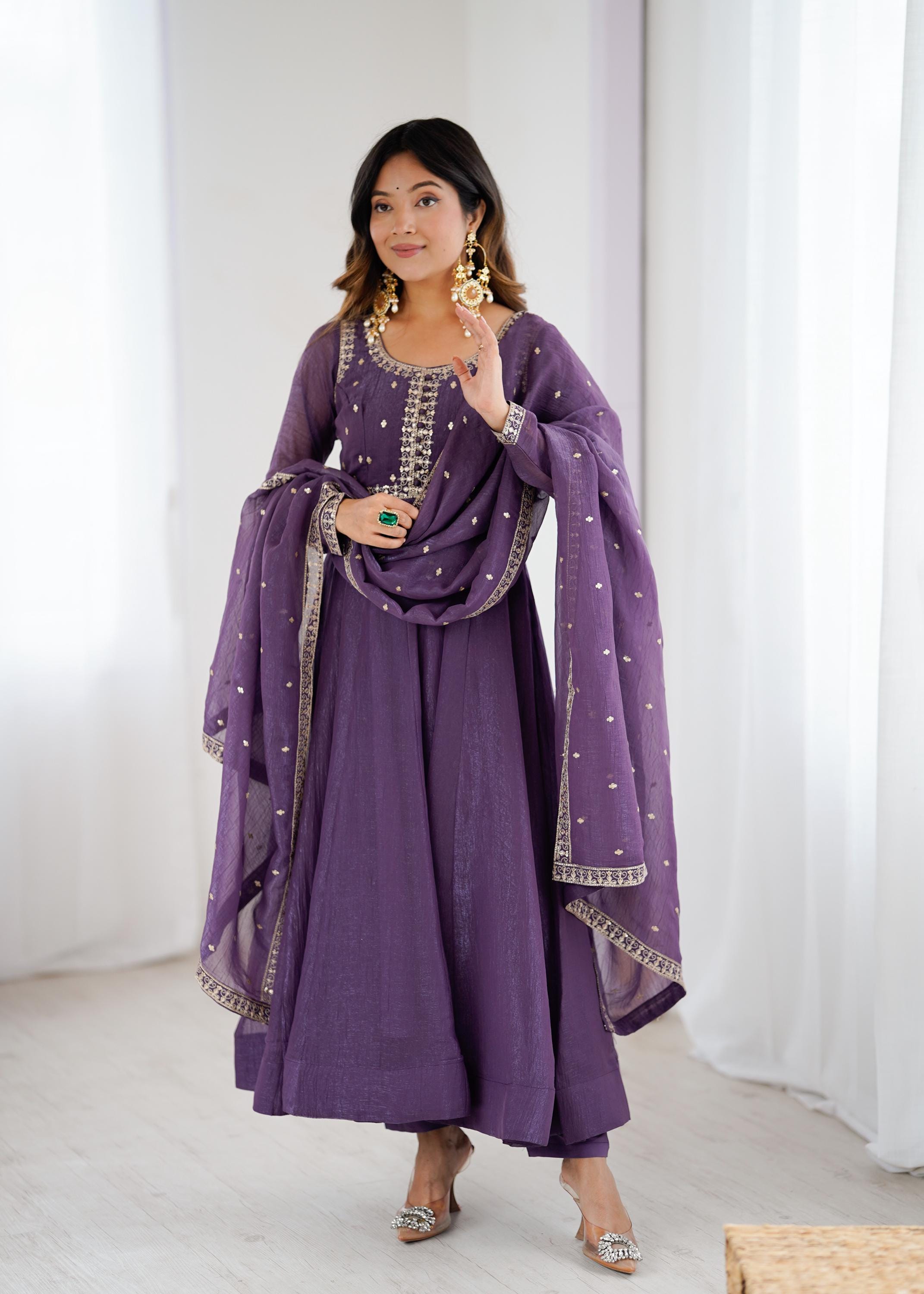 green emerald velvet dress Dark Red Fully Flared Anarkali Set with Beautiful Sequins Work
