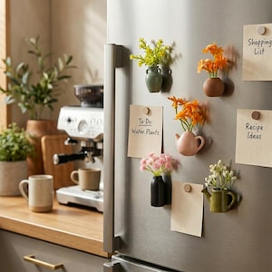 Puede incluir: Una puerta de refrigerador de acero inoxidable muestra varios jarrones de cerámica pequeños con flores coloridas. Se adjuntan blocs de notas con el texto "Shopping List", "Recipe Ideas" y "To Do: Water Plants". Los jarrones son de varias formas y colores.