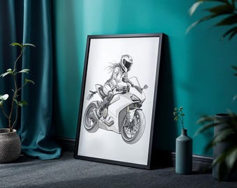 Affiche Motarde Minimaliste – Moto Sportive en Ligne Fine | Téléchargement Numérique