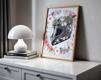Affiche Casque de Moto Fleurie – Ambiance Pastel & Noël | Téléchargement Numérique