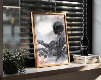 Affiche motarde profil cuir noir – Illustration minimaliste pastel, moto noire en arrière-plan, art mural moderne pour passionnés de moto