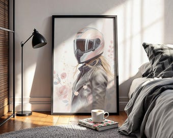 Affiche Aquarelle Moto Féminine Pastel – Décor Floral et Doux | Téléchargement numérique