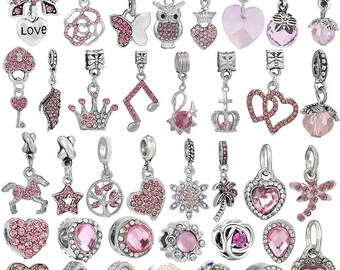 Pink Diamond Silver Plated Charm for Women Love,Heart,Flower,Birthday Dangle Pendant European style Bracelet Necklace Jewelry