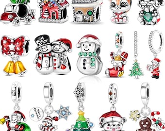 Pulsera de plata de ley con dije de árbol de Navidad, muñeco de nieve y hombre de jengibre. Regalo navideño.