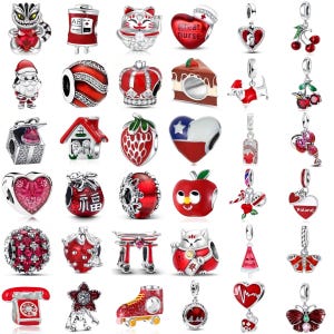 Julstjärna i sterlingsilver med röda hjärtan, blommor, körsbär, kärlek, jordgubb och äpple, lyckopärlor, passar armband i europeisk stil