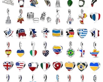 World Flag Charms for Bracelets USA250th Anniversary | Heart Map Beads with Country Flags | Sterling Silver Jewelry & European-Style Charms