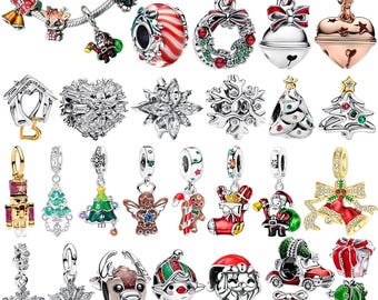 Collar de estilo europeo con dijes navideños de plata de ley: Papá Noel, reno, árbol de Navidad y muñeco de nieve.