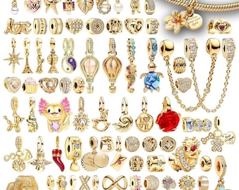 Cuentas de oro para pulseras / Cuentas de lujo chapadas en oro / Joyería de pulsera europea / Dijes de corazón / Circonita / Regalo para ella