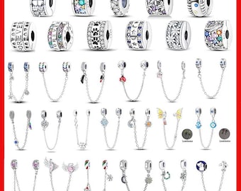 Sterling Silver Love Heart Safety Chain Charm Zircon Clip Beads Fit Charm Bracelet, Silver Clip Beads Jewellery Gift For Her