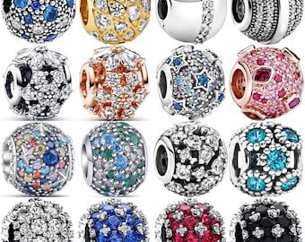 925 Sterling Silver Pave Gold Black Blue Red Sparkling Clear Zircon DIY Round Beads Fit Charms Bracelet Fine Jewelry Gift