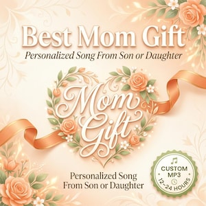 May include: A digital graphic with the text "Best Mom Gift" and "Mom Gift" in elegant script. The design features a heart-shaped floral arrangement with roses and a ribbon. Additional text reads "Personalized Song From Son or Daughter."